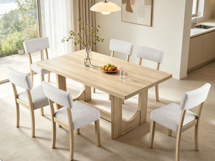 7 Piece Dining Table Set For 6, Rectangular Table With 6 Upholstered Chairs, Sturdy U - Shaped Base For Dining Room - Light Oak