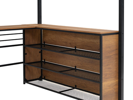 Full Size Loft Bed With 3 Layers Of Shelves And L-Shaped Desk - Black