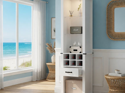 Pantry Cabinet With LED Lights, Wine Rack, Tempered Glass Shelves, And Barn Door Design - White