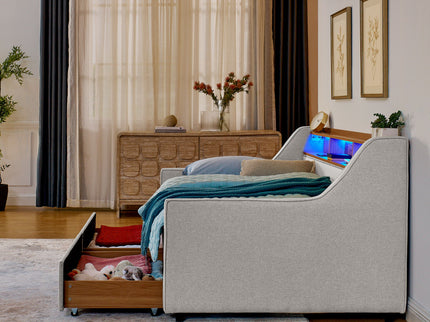 Upholstered Sofa Bed With LED Lights, Storage Headboard, Foldable Trundle & Wireless Charging