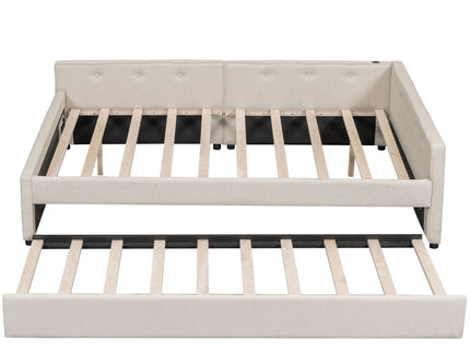 Queen Size Upholstered Platform Bed With USB And Twin Trundle - Beige