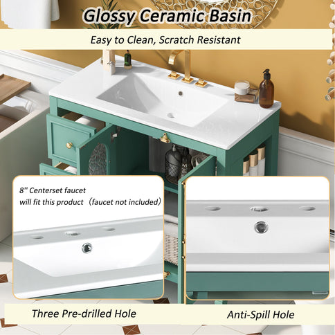 Bathroom Vanity With 3 Drawers And 2 Soft Close Doors Cabinet - Lake Green