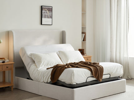 Caron - Queen Size Upholstered Wingback Bed With Adjustable Base Bundle Set - Ivory