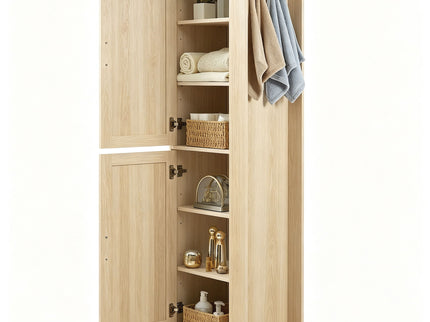 Tall Freestanding Bathroom Storage Cabinet With Adjustable Shelves And Side Hooks