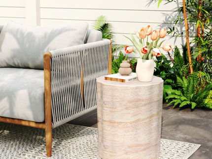 Elegant Indoor / Outdoor Lightweight Concrete Side Table With Travertine - Beige