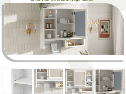 Wall Mount 2 In 1 Mirror Cabinet With Adjustable Shelves, Open Storage, For Bathroom Vanity - White