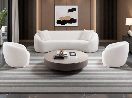 3 Piece Set Curved Sofa, Upholstered 3 Seater With Tight Curved Back For Living Room - White