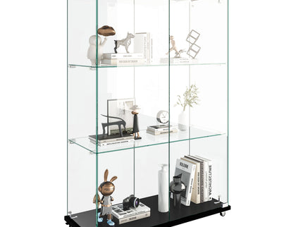 Modern Display Cabinet With LED Lights, Transparent Tempered Glass 2 Door Storage Case With 3 Shelves