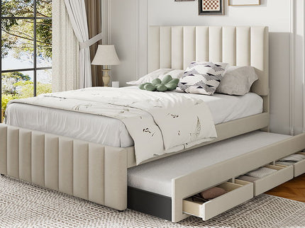 Upholstered Platform Bed With Twin Size Trundle And 3 Drawers