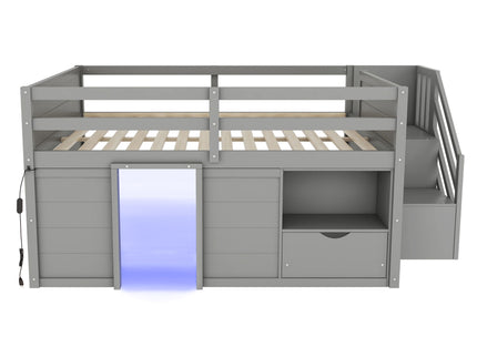 Low Loft Bed Frame With Built In Stairs, Storage Drawer, Shelf And 7 Color LED Light