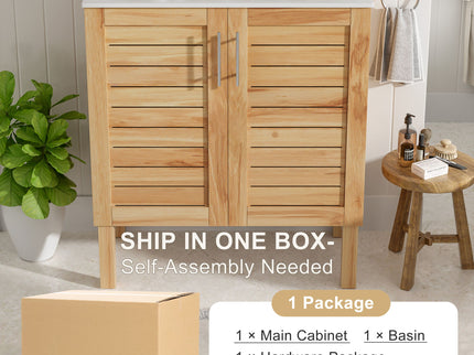 Bathroom Vanity With Ceramic Sink, Freestanding Cabinet - Antique Natural / Brown