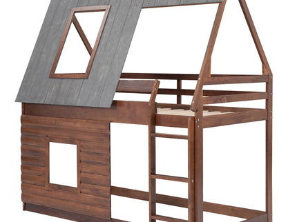 Wood Twin Size House Bunk Bed With Roof, Ladder And 2 Windows - Oak & Smoky Gray