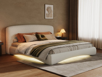 King Curved Upholstered Bed With Smart Ambient Lighting - Cream