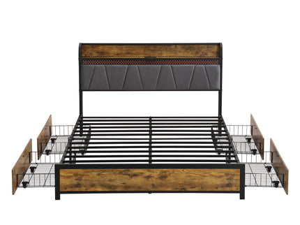 Modern Bed Frame With LED Lights, Upholstered Headboard, USB Charging