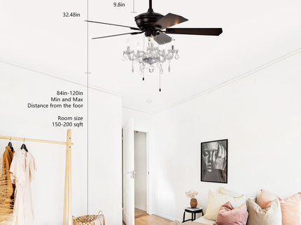 52" Crystal Shade Ceiling Fan Lamp, 3 Speed, 4 Timing, 5 Reversible Blades Crystal Ceiling Fan, 5 Pieces X E12 (No Include Bulb), Hand Pull Chain - Matte Black
