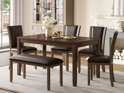 6 Piece Dining Table Set & Bench And Chairs For Dining Room - Dark Walnut