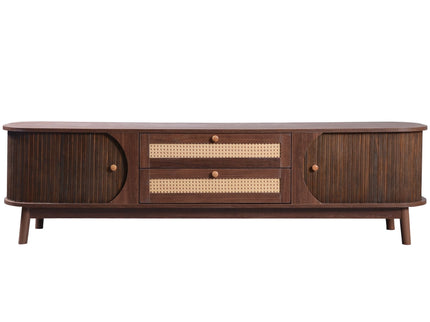 TV Stand For TVs Up To 75'', Cabinet With Drawers And Sliding Doors, Living Room Entertainment Console - Natural Wood / Brown