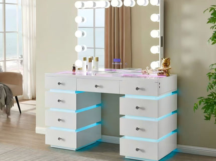 LED Lighted Makeup Vanity Desk With 15 Bulbs Mirror, RGB Light Drawers, 9 Drawers Dressing Table For Bedroom - Gloss White