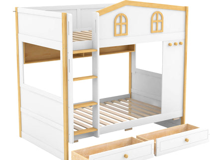 Twin Over Twin Bunk Bed With House Shaped Guardrails, Storage Shelves & Drawers - White / Natural