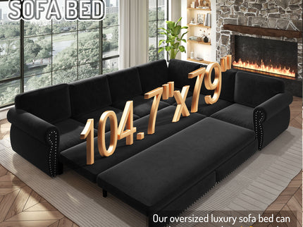 L-Shaped Sofa Couch With Pull Out Bed With Nailhead Trim & Rolled Arm