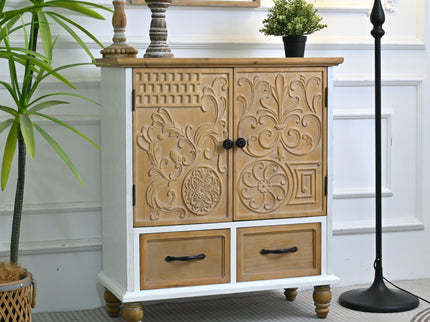 Accent Flower Carved Door Sideboard Cabinet With 2 Drawers For Kitchen - Natural Wood Wash / White