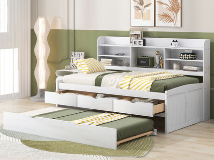 Captain Bed With Built In Bookshelves, 3 Storage Drawers, And Trundle