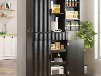 Fluted Kitchen Pantry Cabinet With 3 Keyboard Drawers & 6 Adjustable Door Shelves