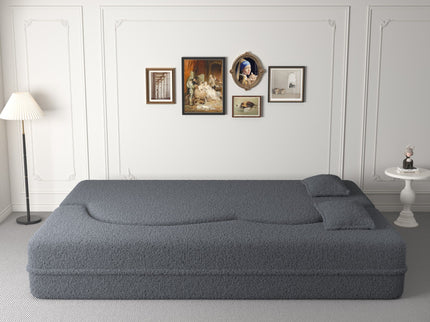 Modern Floor Sofa, With 2 Pillows, Convertible Teddy Fabric Foam Filled Bed