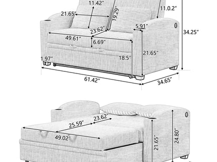 Pull Out Loveseat Sofa With Adjsutable Backrest, 2 Pillows, Cup Holders, USB Ports For Living Room