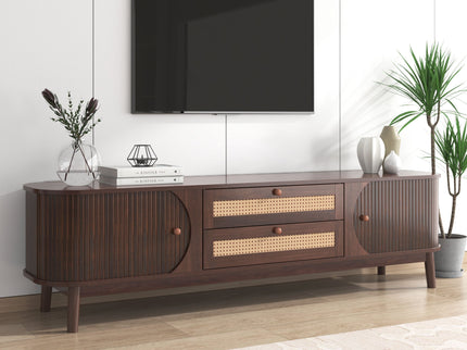 TV Stand For TVs Up To 75'', Cabinet With Drawers And Sliding Doors, Living Room Entertainment Console - Natural Wood / Brown