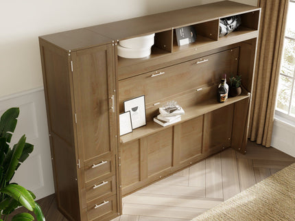 Full Size Murphy Bed With Wardrobe, Drawers, And Open Shelves - Wood