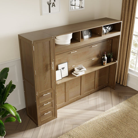 Full Size Murphy Bed With Wardrobe, Drawers, And Open Shelves - Wood