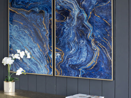 Framed Art Panels, Unique Marbled Design (Set of 2) - Blue