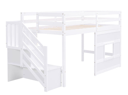 Loft Bed With Storage Staircase, Window & LED Light