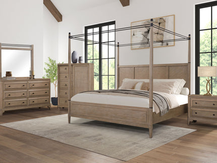 Queen Canopy Bedroom Set With A 2 Drawer Nightstand A Dresser With Poster Mirror And A Door Chest - Sand