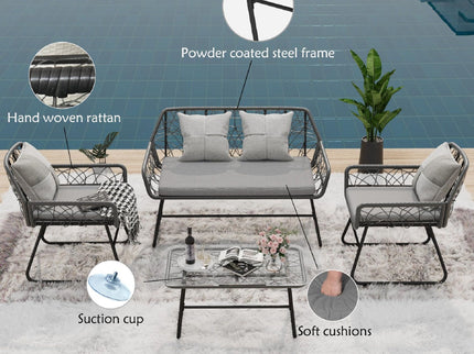 4 Piece Wicker Patio Furniture Set With Tempered Glass Table And Detachable Cushions