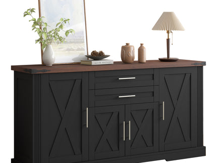 Barn Door Storage Cabinet With 2 Drawers & Door Rack, Adjustable Shelves