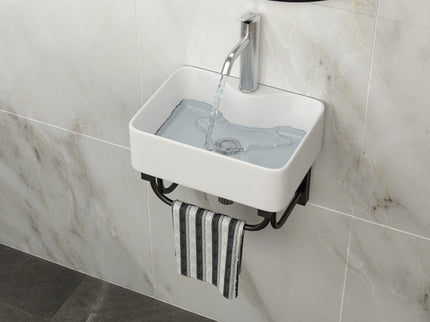 Rectangular Bathroom Sink With Towel Bar & Faucet Hole, Wall Mounted - White