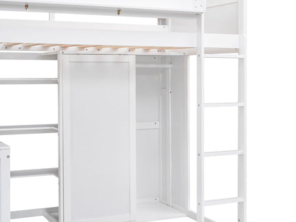 Loft Bed With Built In Desk, Storage Shelves, And Wardrobe
