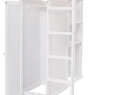 Loft Bed With A Stand Alone Bed, Shelves, Desk, And Wardrobe