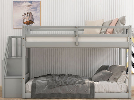 Twin Over Twin Floor Bunk Bed, Ladder With Storage