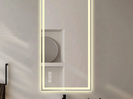LED Bathroom Vanity Wall Mirror With Straight Edge Design, Frosted Glass Finish, Anti Fog, Dimmable 3 Color Lighting - Silver