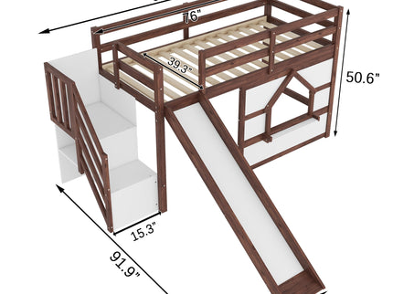 Loft Bed With Storage Stairs, Slide, Playhouse Window And 7 Colors LED Lights