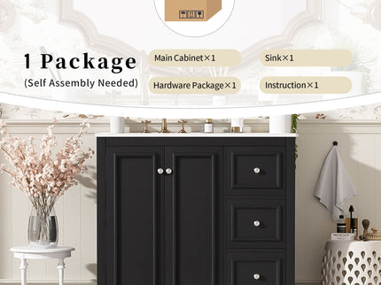 Bathroom Vanity With Sink, Soft-Close Doors, Adjustable U-Shelf, 3 Drawers