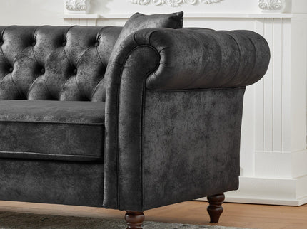 Chesterfield Sofa, High Tech Fabric Roll Armrest, 3 Seater Mid Century Modern Couch - Black