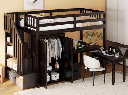 Loft Bed With Stairs, Bookshelf, Drawers, Desk & Wardrobe, Space Saving Multifunctional Furniture