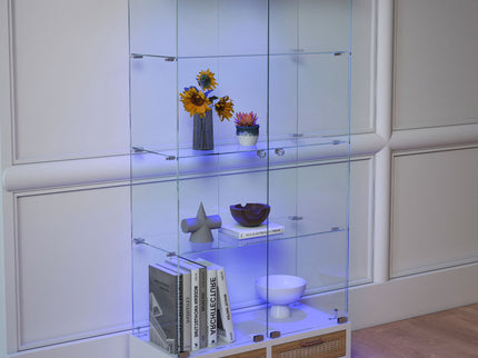 Glass Display Cabinet With LED Lights, Tempered Glass Doors, Large Drawers, 2 Door Storage Case With 4 Shelves - Natural / White