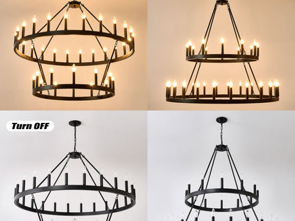 2 Tiers Wagon Wheel Chandelier Wooden Farmhouse 36 Light (24 / 12) Or (12 / 24) Metal Chandeliers 2 Story Light Fixtures Industrial For High Ceiling Living Dining Room Foyer, Adjustable Height - Black