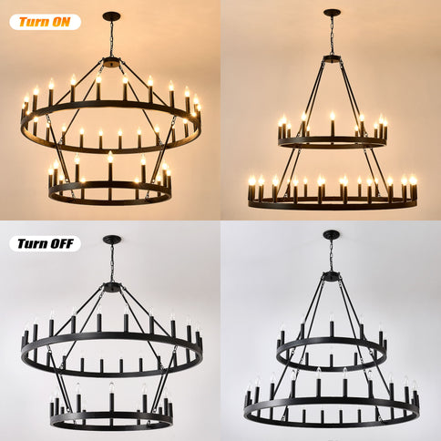 2 Tiers Wagon Wheel Chandelier Wooden Farmhouse 36 Light (24 / 12) Or (12 / 24) Metal Chandeliers 2 Story Light Fixtures Industrial For High Ceiling Living Dining Room Foyer, Adjustable Height - Black