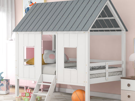 Twin Size Low Loft House Bed With Roof And 2 Front Windows - White